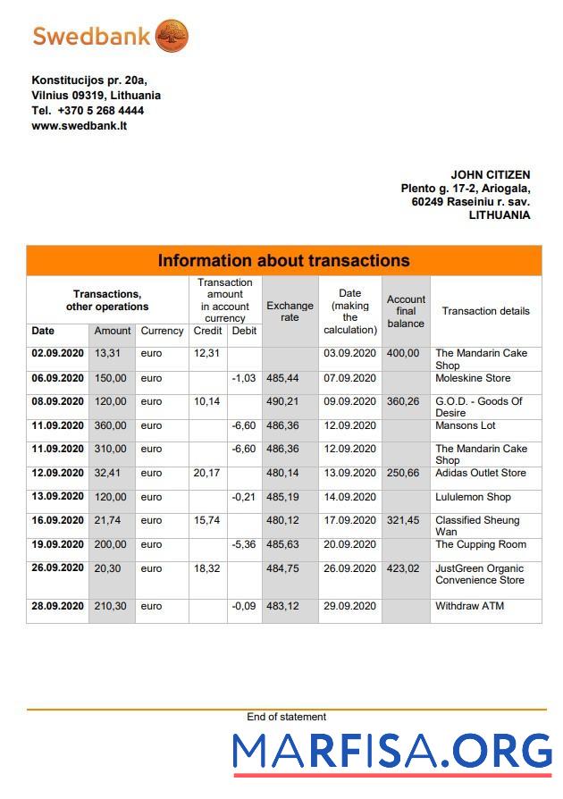 Downloadable Lithuania Swedbank statement word real example